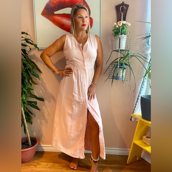 Vintage Dresses & Skirts - Vintage 80s Light Pink Button-Down Maxi Dress Duster, Size Medium